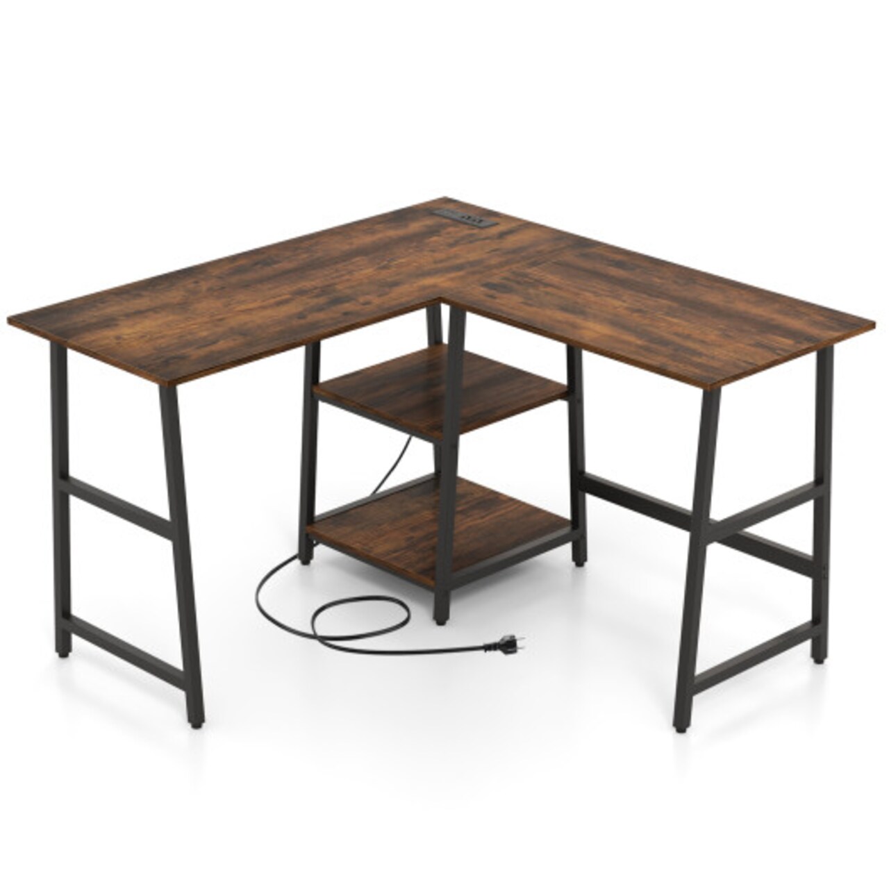 L Shaped Corner Computer Desk with Storage Shelves and Heavy Duty Metal Frame